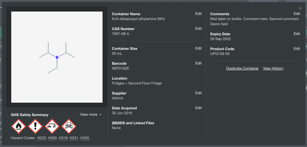 chemical container information view
