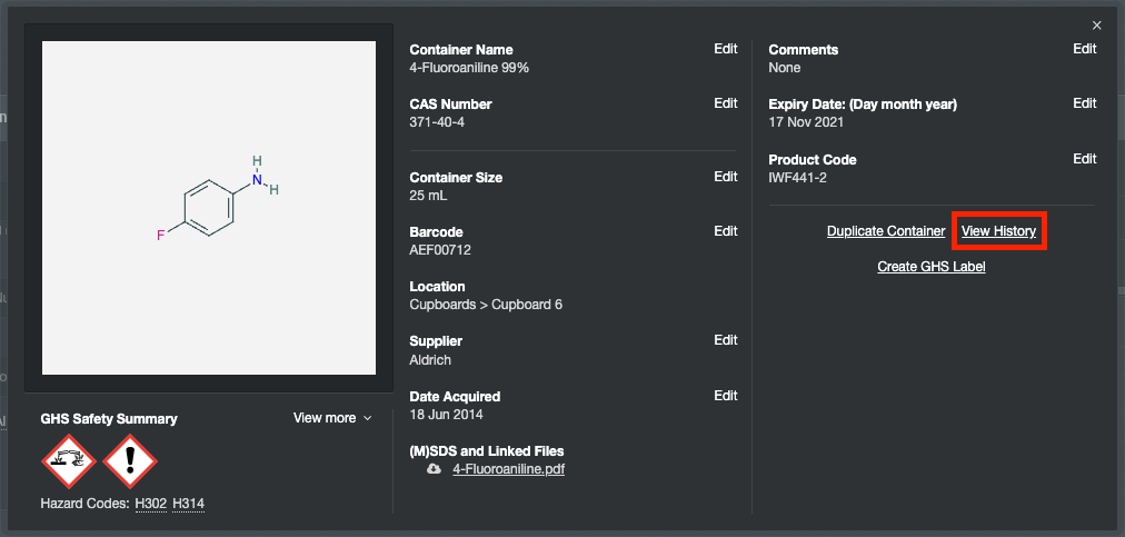 chemical inventory history logging