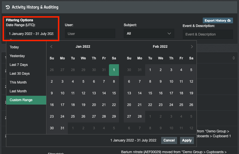 chemical inventory filter tracking logs