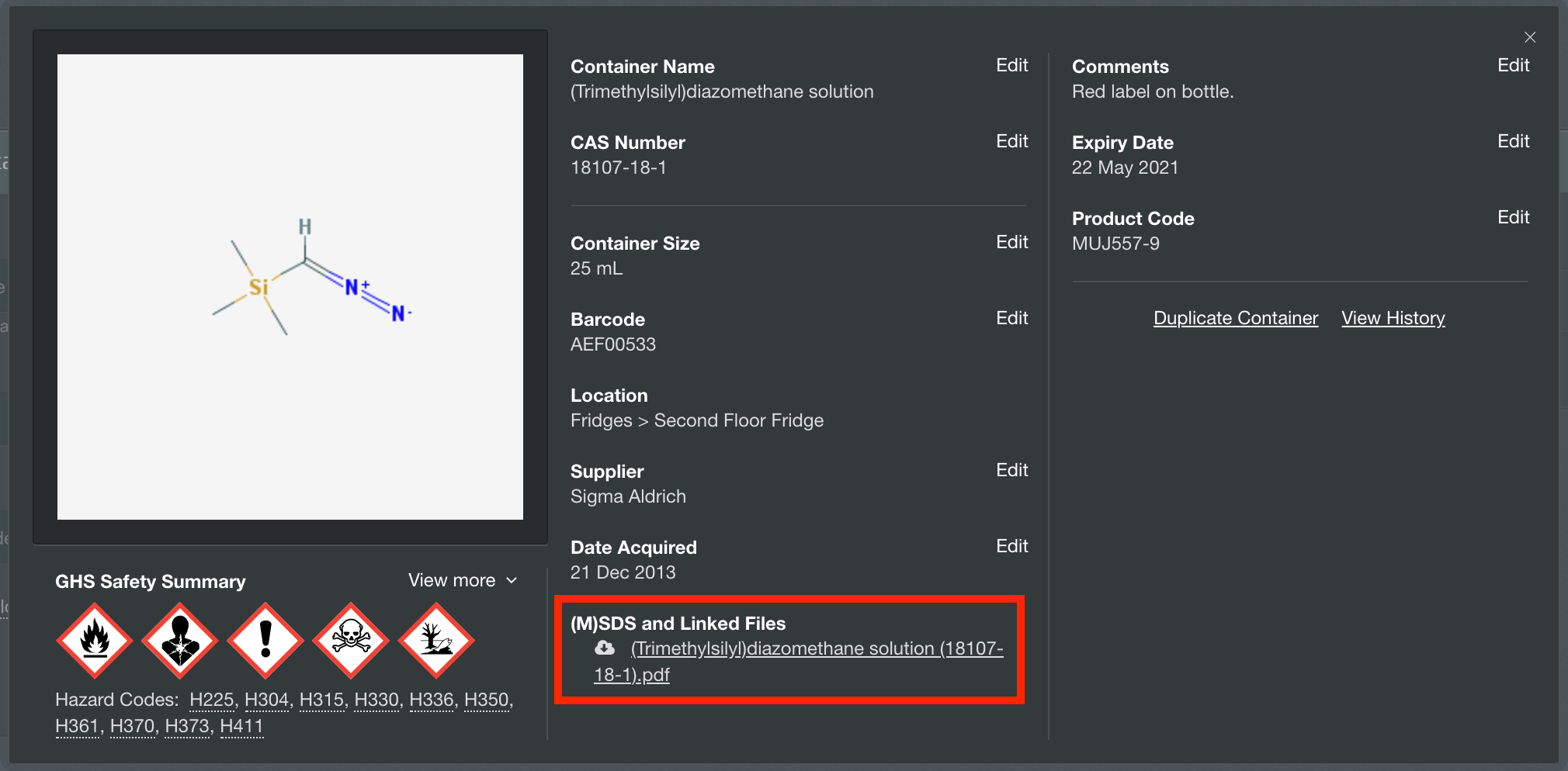 MSDS and other linked files chemical inventory