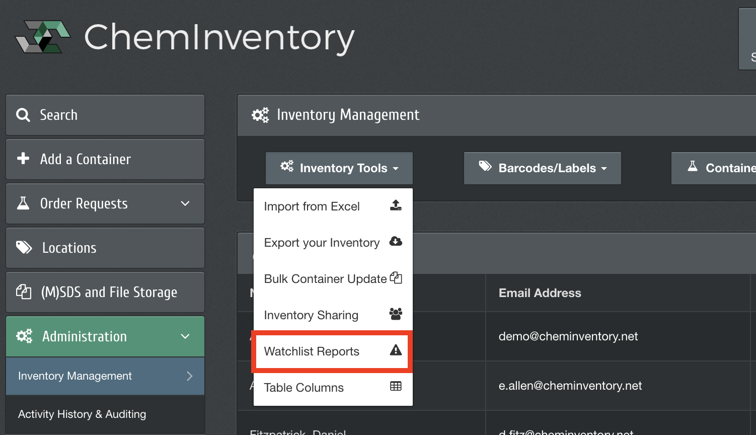 access watchlist feature chemical inventory